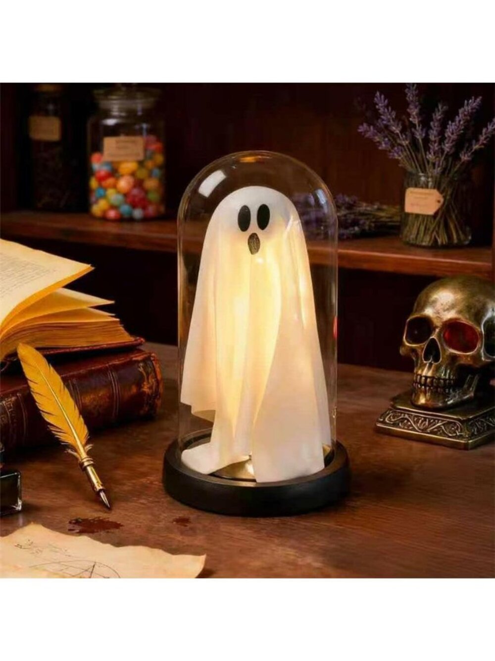 Halloween Decorations Indoor, Light Up Ghost in Transparent Dome Cloche